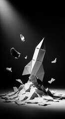 Paper rocket origami launch creativity innovation A monochrome origami rocket launching from torn paper pile under dramatic spotlight evoking ambition and inspiration