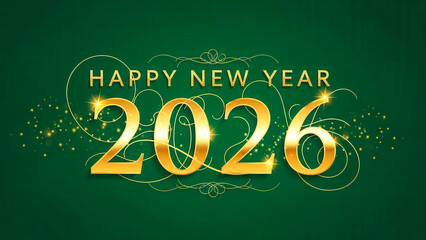 Happy New Year 2026 Golden Text with Decorative Swirls on Green Background | Elegant Celebration Design
