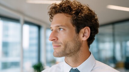Man in office with curly hair and beard.