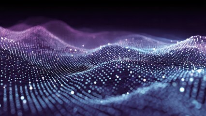 Data network wave dot mesh luminous high-tech grid glowing points forming rolling digital terrain evoking wonder and futuristic energy