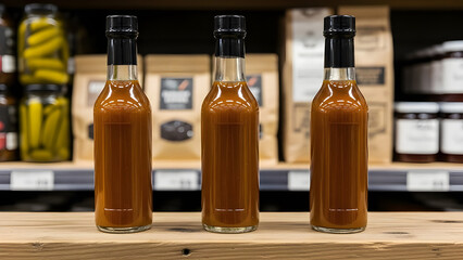 Three tall glass bottles filled with amber liquid stand on a wooden shelf in a store