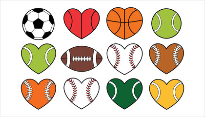 Collection of sports balls in heart shapes and a soccer ball on white background football basketball