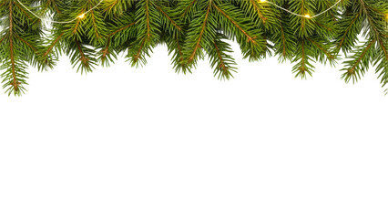 Christmas Pine Garland Border with Warm Lights on White Background on transparent background | christmas background with fir branches