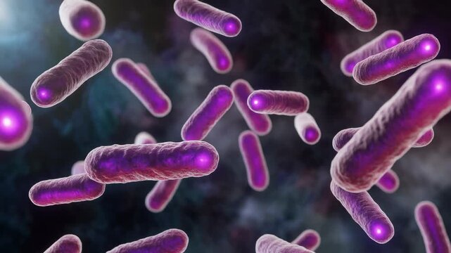 Microbe bacterium microbiome rod-shaped microbiology scientific vivid close-up textured rod-shaped bacterium in purple and pink tones evoking curiosity and research focus