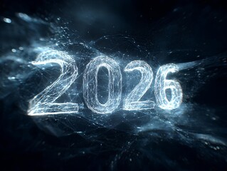 Sci-fi 3D illustration of the year 2026 as a glowing holographic wireframe surrounded by digital particles and network lines on a dark background, technology new year concept.