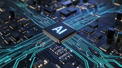 Ai chip circuit board microchip processor semiconductor pcb close-up showing intricate traces and glowing contacts evoking technological innovation and reliability