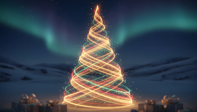 The festive Christmas tree shape is constructed from curves, shining waves and soft sparkling dots. - Powered by Adobe