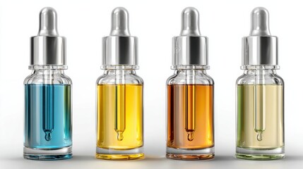 Row of glass serum bottles filled with colorful liquids, each with a silver dropper cap. Concept of skincare, beauty formulas, and modern cosmetic products.
