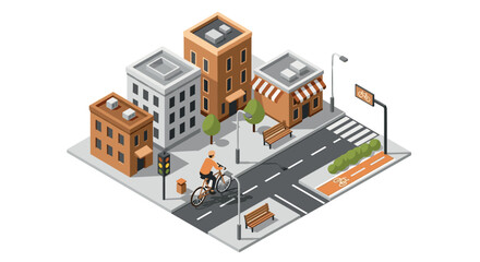Isometric urban street with cyclist and buildings in modern cityscape