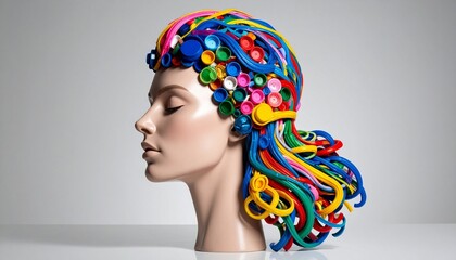 Recycled Art Mannequin Head with Hair Made from Colorful Plastic Bottle Caps and Tubes