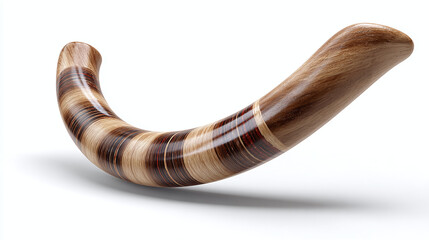A close-up shot of a shofar, a Jewish ritual horn, with a curved design, showcasing its intricate patterns.