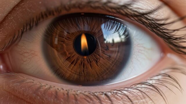 Eye iris pupil eyelash brown reflection A close-up brown eye with detailed iris texture and candle flame reflecting in pupil conveying quiet wonder