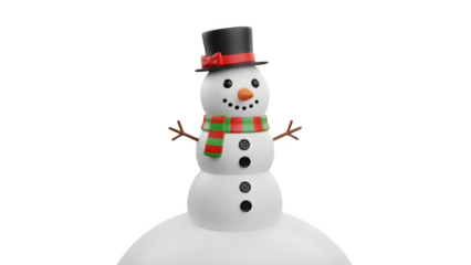 Snowman with Black Hat & Red Scarf - Winter Character, Cute 3D Figure, Holiday Mascot, Isolated & Snowy Friend