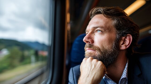 Man on train looking out window. - Powered by Adobe