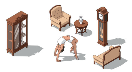 Woman practicing yoga bridge pose in cozy vintage living room with furniture