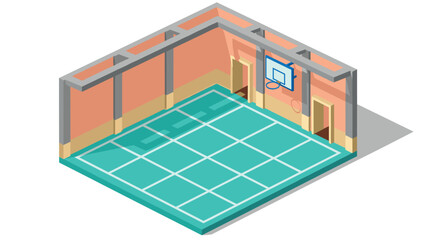 Fototapeta premium Isometric indoor basketball court with hoop and marked floor in modern gym