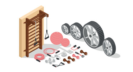 Isometric gym equipment set with wheels, ropes, bars, and wall ladder for home workout setup
