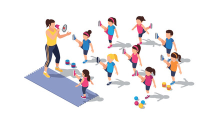 Energetic fitness class for kids with instructor using megaphone in isometric style