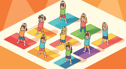 Group of children exercising with joyful energy in a colorful geometric setting