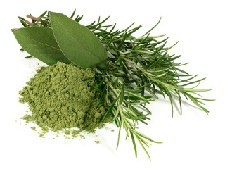 Food and Health - Fresh Rosemary and Sage with Powder isolated on white Background