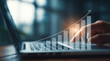 Modern Business Concept with Growth Graph Overlay on Laptop Screen, Representing Success, Finance, Strategy, and Digital Innovation in Workspace