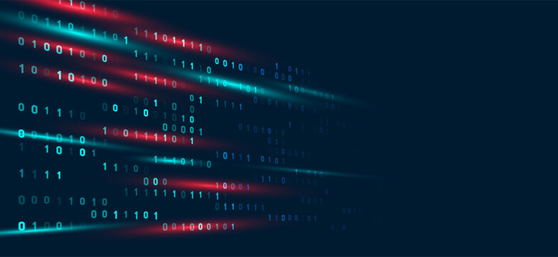 Abstract digital background showing binary code 0, 1 characters flowing dynamically through glowing red and teal light streams, illustrating data transfer and cybersecurity concepts.
