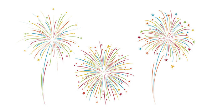 A set of three vibrant and colorful fireworks bursts with stars isolated on a white background for festive celebrations.