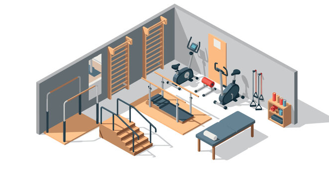 Modern home gym interior with fitness equipment in isometric design