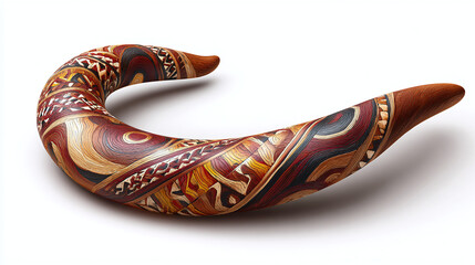 An artistic hand-painted curved didgeridoo. Intricate patterns and designs.