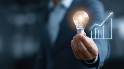 Businessman Holding Light Bulb with Financial Graph Indicating Growth and Innovation Concept in Modern Office Environment