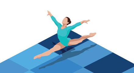 Dynamic gymnast leaping in flat design on geometric blue platform