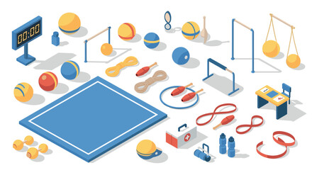 Gymnastics equipment isometric set with sports accessories and tools on white background