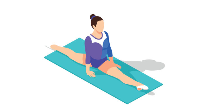 Isometric gymnast performing splits on blue mat in bright sports outfit
