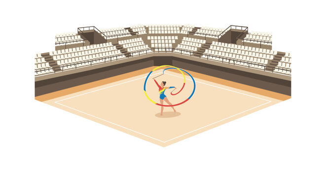 Gymnast performing rhythmic ribbon routine in empty arena isometric view