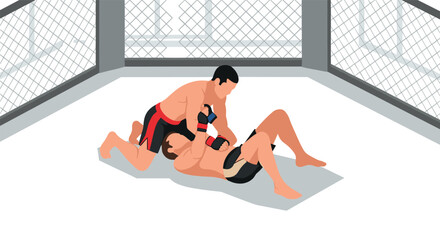 Mixed martial arts bout in cage arena: grappling technique in action