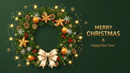 "Luxury Christmas Wreath with Golden Decorations on Green Background"