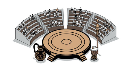 Isometric ancient amphitheater with tribal pottery and drum