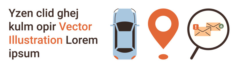 Navigation systems, communication, technology, logistics, email management, search functionality. Car icon, location pin envelops under magnifying glass. Navigation systems and communication