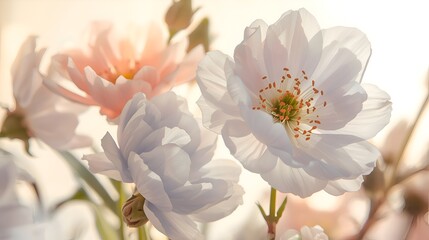 spring flowers with gentle petals and soft pink tones, set against a minimalistic pattern that forms a seamless repeat