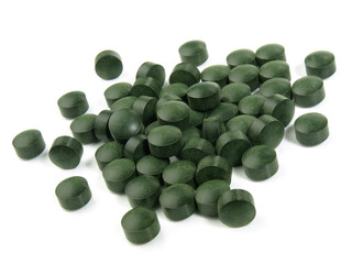 Food and Health - Spirulina Pills on white Background