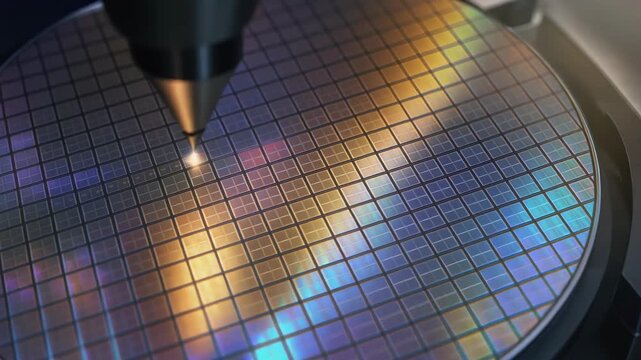 Semiconductor wafer probe station microchip silicon wafer inspection - patterned wafer measured under microscope probe with reflective thin film conveying confident quality