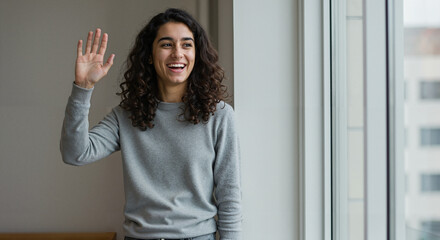 Young woman waving and smiling indoors by window in modern environment