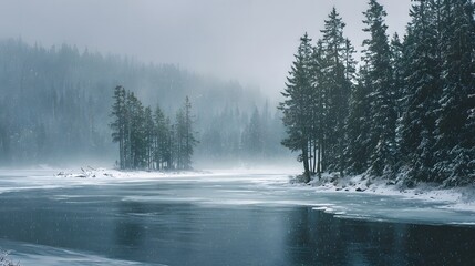 Foggy river forest and mountain landscape at sunrise