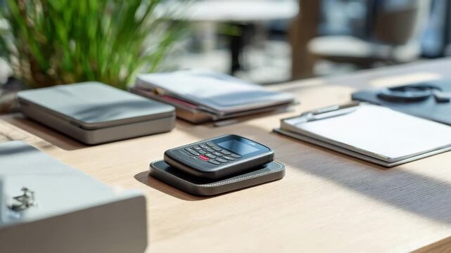 A medium shot of a sleek wireless charging pad powering a compact pager highlighting the seamless inductive charging technology in a modern workspace environment.