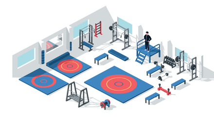 Isometric gym design featuring wrestling mats and training equipment