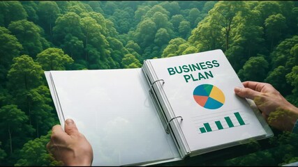 Strategy growth success business plan environment document illustrate sustainable growth with pie and bar chart held by hands over forest backdrop optimistic tone