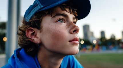 Young man wearing blue cap and jacket, looking intently at something off-camera.