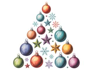 A watercolor illustration of colorful Christmas ornaments, stars, and snowflakes arranged in a festive tree shape on a white background.