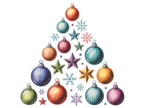 A watercolor illustration of colorful Christmas ornaments, stars, and snowflakes arranged in a festive tree shape on a white background. - Powered by Adobe