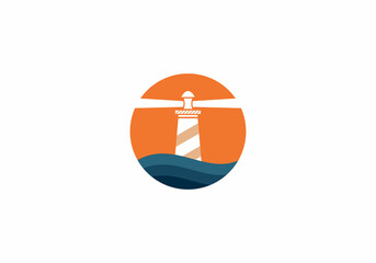 Orange creative icon of lighthouse and sea inside circle for your company